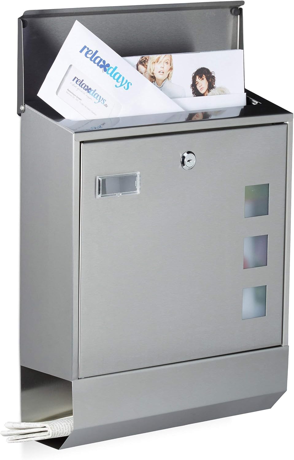 Relaxdays Briefkasten Edelstahl mit Zeitungsfach, Namensschild, Sichtfenster, HxBxT: 42 x 35 x 12,5 cm, Design, silber
