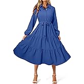 BerryGo Womens Long Sleeve Dresses 2026 Maxi Casual V Neck Belted Button Down Wedding Guest Shirt Dress with Pockets