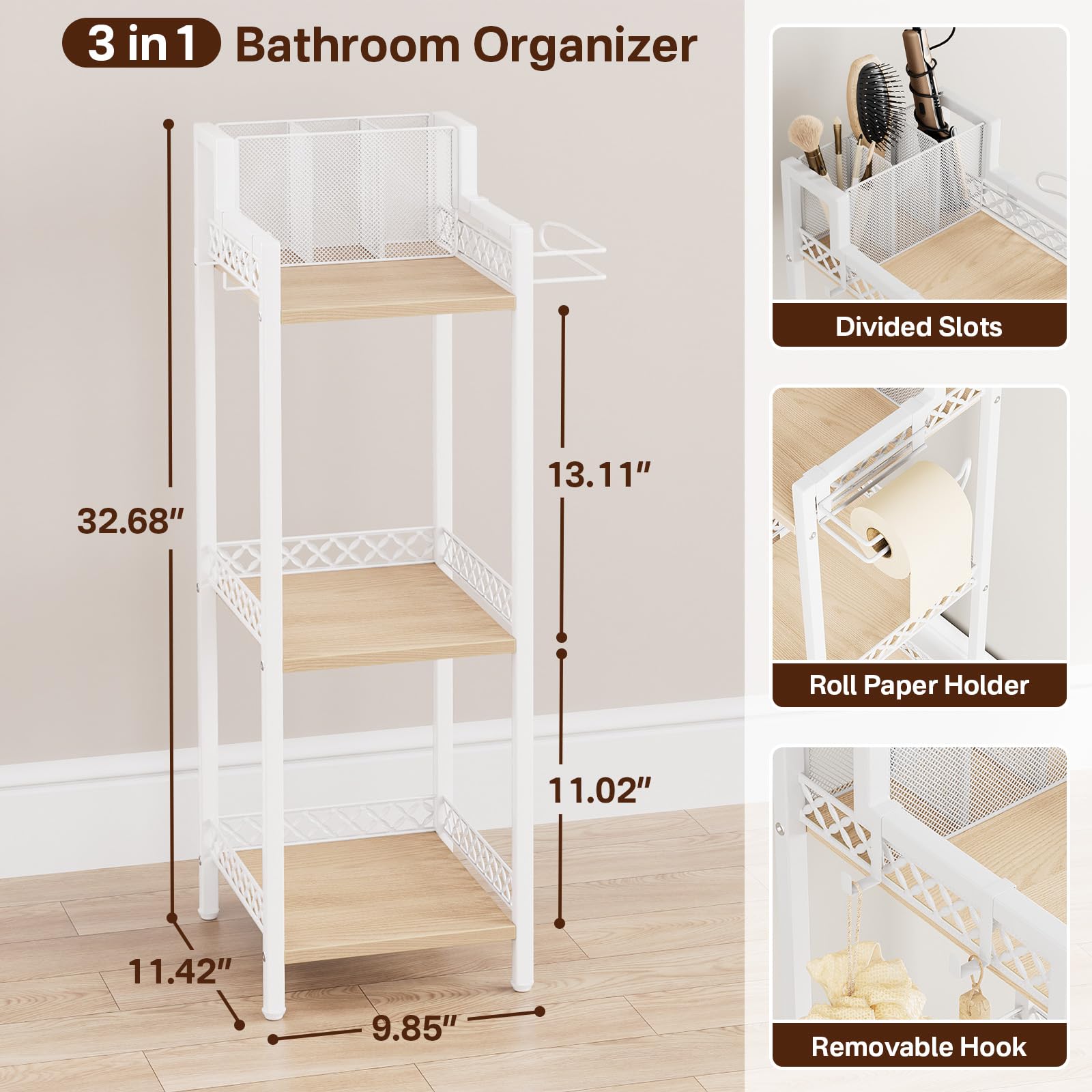 FURFUN Slim Bathroom Storage Shelf Unit, 3 Tier Corner Storage, Rustic Makeup Organizer, Space-Saving Floor Standing Storage Shelves for Bathroom, Vanity,Kitchen, Laundry 9.85im Matte White