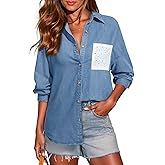 Sidefeel Women's Denim Shirt Button Down Long Sleeve Jean Shirt Shackt with Lace Pocket Denim Top