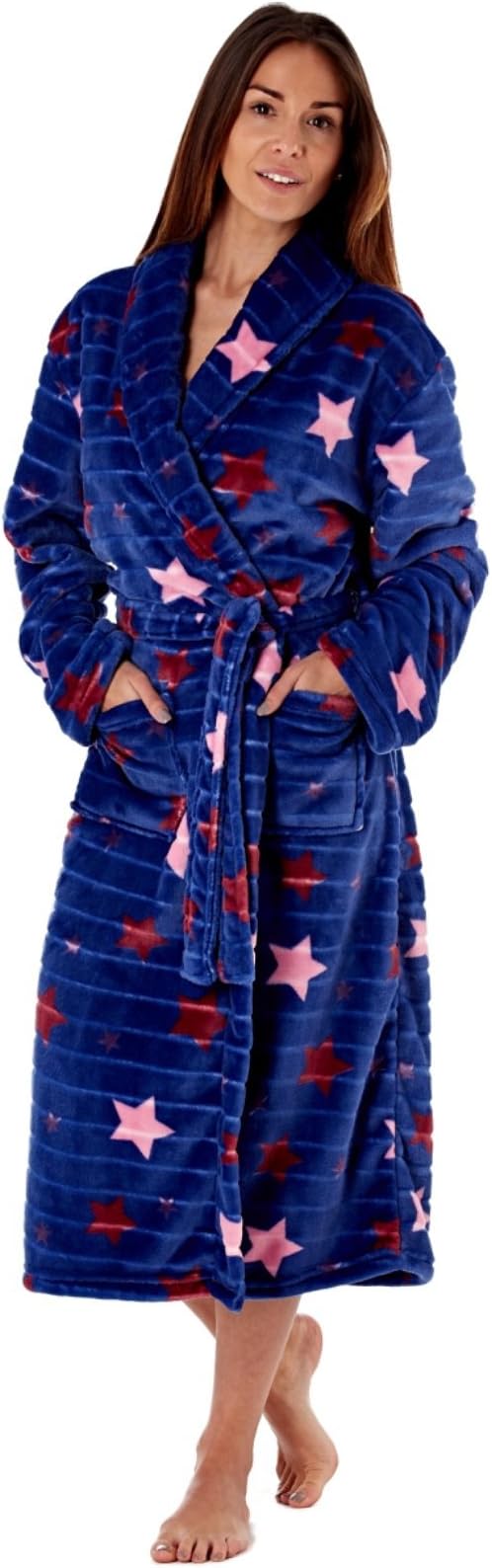 MASQ Women’s Jacquard Stripe Shawl Collar Robe with, Patch Pockets, Self-Fabric Belt. Navy Star 16/18