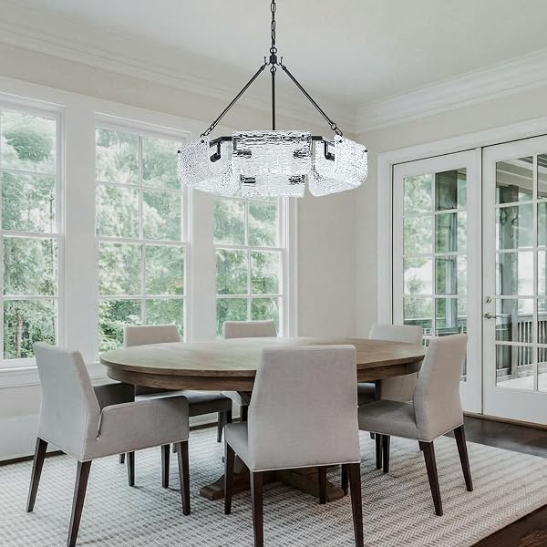 DWLGIGH 11.0″ BLACK GLASS CHANDELIER CEILING LIGHT FIXTURE,3-LIGHT ADJUSTABLE PENDANT LIGHTS WITH CLEAR GLASS SHADE MODERN DRUM CHANDELIERS FOR DINING ROOM OVER TABLE KITCHEN LSLAND HALLWAY FOYER,E12