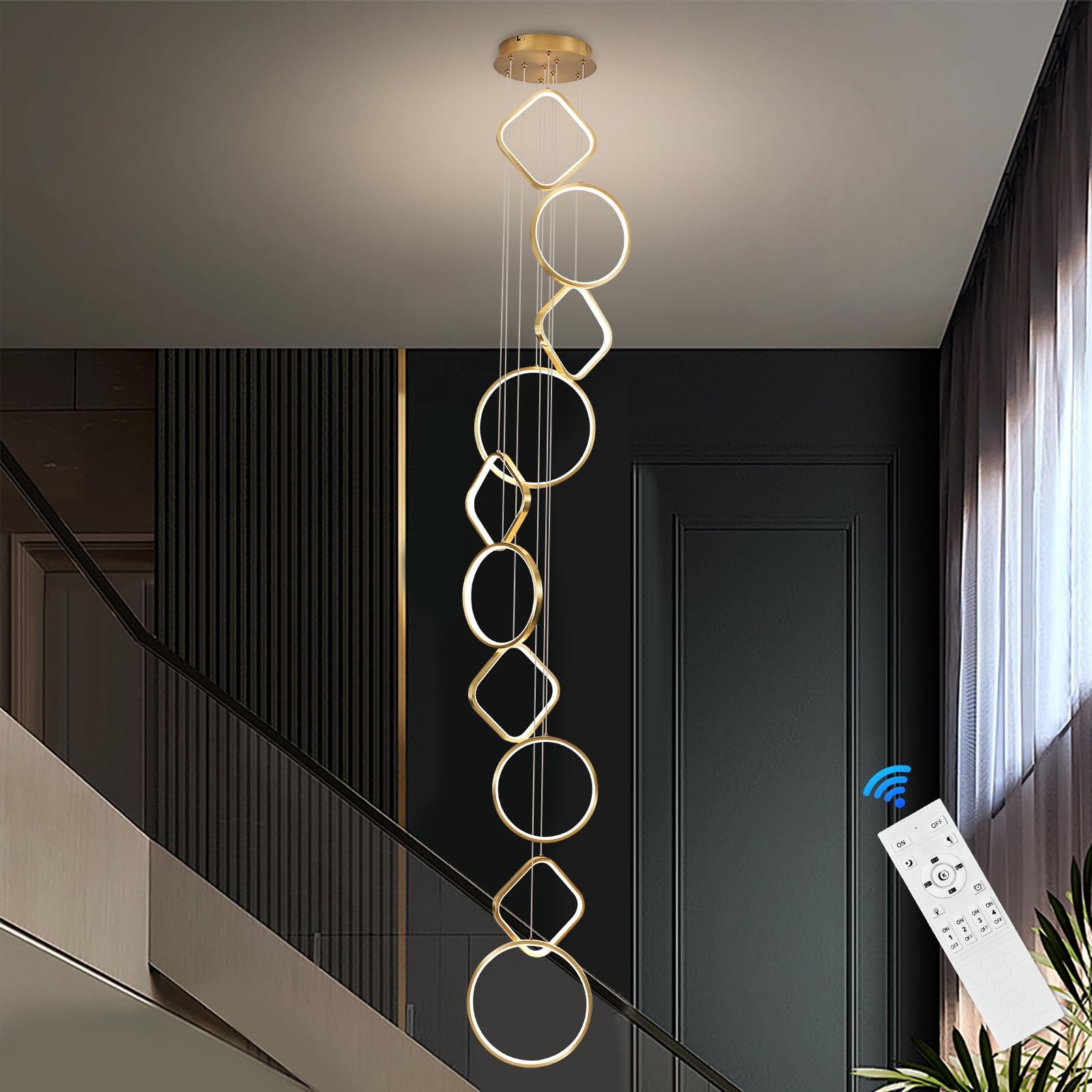 Photo 1 of AIRYPHANT Gold High Ceiling Chandelier 10 Rings Modern LED Chandeliers Long Chandelier for Entryway Dimmable Staircase Flush Mount Chandeliers for Living Room, 3000-6500K