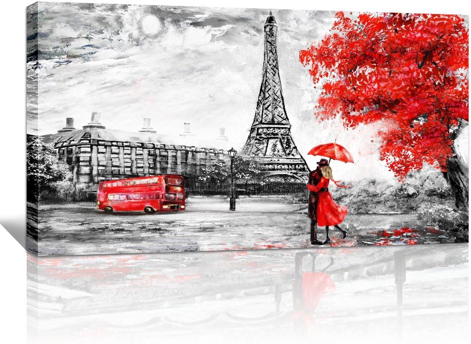 wall art for living room Decorations Photo Prints Panorama of black and white buildings and beautiful Eiffel Tower red couples Modern Home Decor The room Stretched and Framed artwork 24"x48"