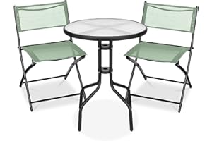 Best Choice Products 3-Piece Patio Bistro Dining Furniture Set w/Textured Glass Tabletop, 2 Steel Folding Chairs, Polyester Fabric - Sage