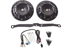 FARBIN Waterproof Car Horn Loud Super tone High Tone/Low Tone Metal Twin Horns Kit with Protective Grill (black horn with harness and bracket)