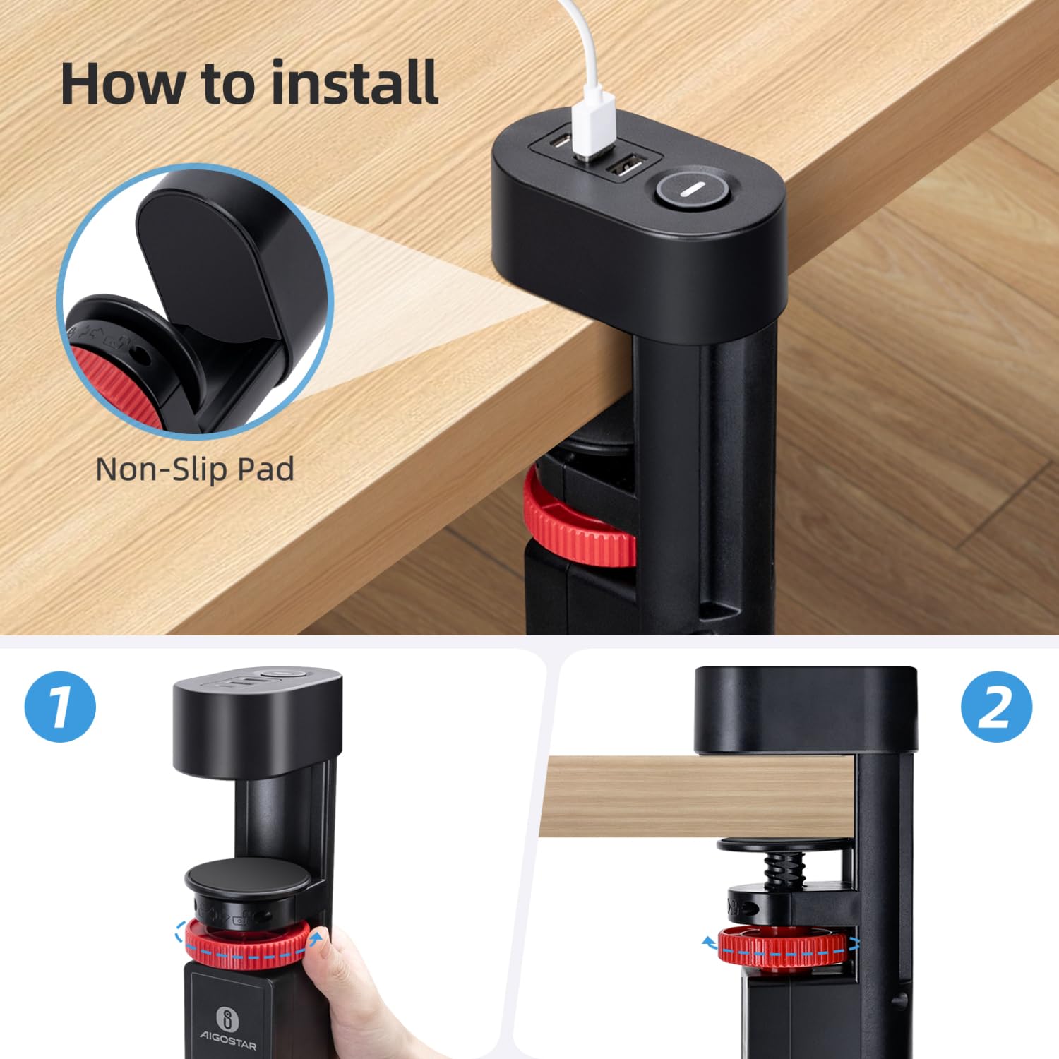 Aigostar Tischsteckdose 3-Fach mit Schalter, Steckdosenleiste mit Tischclip, Steckerleiste mit 3 USB, 6 in 1 Mehrfachsteckdose,1.4M Kabel, Schwarz 3