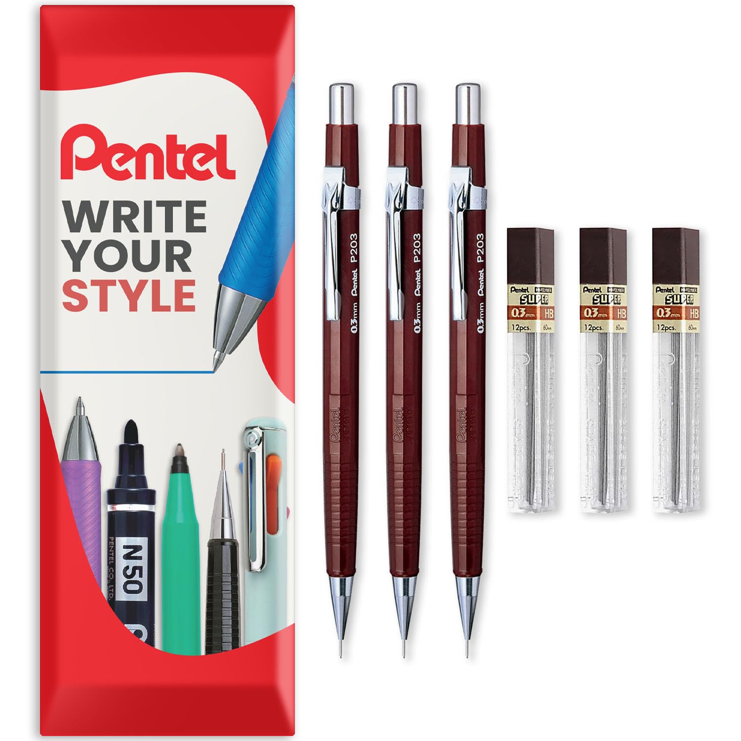 Pentel P200 Series Automatic Mechanical Pencils - HB Lead - 3 x Pencils + 3 Tubes of Refill Leads - In Envelope Gift Packaging (P203 (0.3mm))