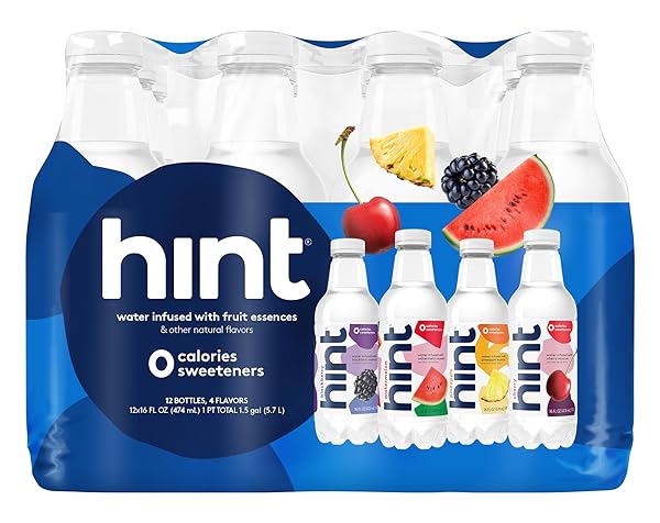 HINT WATER BEST SELLERS PACK, 3 BOTTLES EACH OF: WATERMELON, BLACKBERRY, CHERRY, AND PINEAPPLE, ZERO CALORIES, ZERO SUGAR AND ZERO SWEETENERS, 16 FL OZ (PACK OF 12)