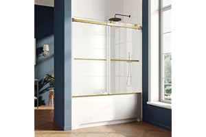 AquivaCoast Shower Door, Semi-Frameless Sliding Bathtub Door, 60'' W x 58'' H, Bathtub Glass Shower Door, 5/16'' (8mm) Certified Clear Tempered Glass, Brushed Gold