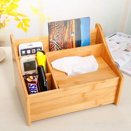 Amazon Pure Vie 卓上ティッシュボックス 4格収納ケース デスクオーガナイザー 小物入れ ペン立て リモコンラック 多機能収納ボックス 100 天然竹製 手作り 高品質 4 デスクオーガナイザー 文房具 オフィス用品