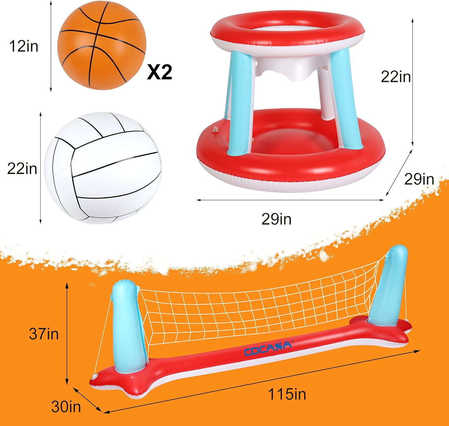 Pool Floats Toys, Inflatable Pool Volleyball Set & 3 Balls with Basketball Hoops Party Swimming Game Toy for Kids and Adults, Floating Water Play Gift Summer Floaties, Volleyball Net (115”x30”x37”): Sports & Outdoors