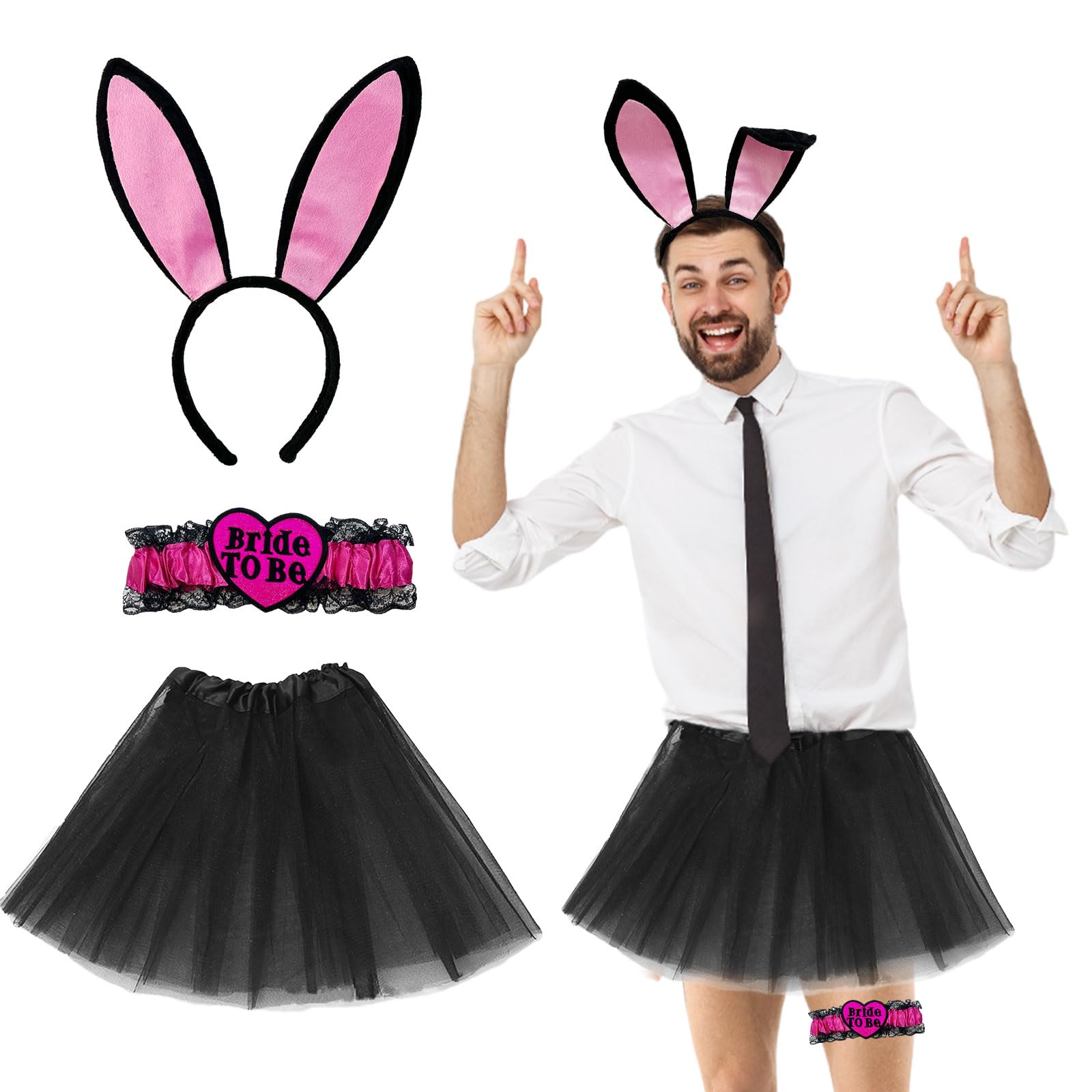 FUIPVGI 3 Pcs JGA Outfit Men's Set, Men's Hen Party Costume Set, Bunny Ears Headband, Groom Garter for Stag Night, Wedding Spoof, JGA Party Accessories (Black)