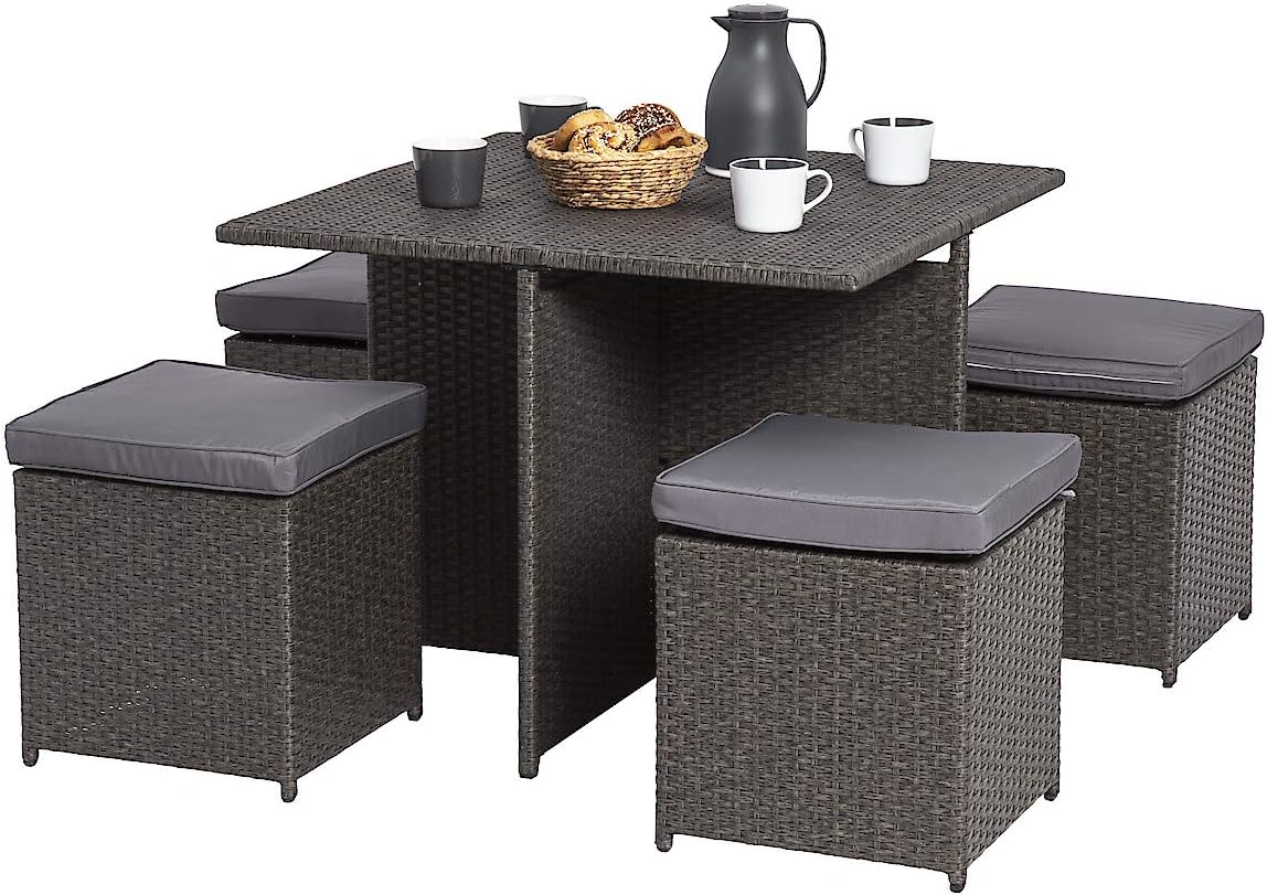 Clas Ohlson ® Rattan & Steel Cube Dining Set - Weatherproof Compact Space Saving Garden Set - Outdoor All Year Round, Dark Grey