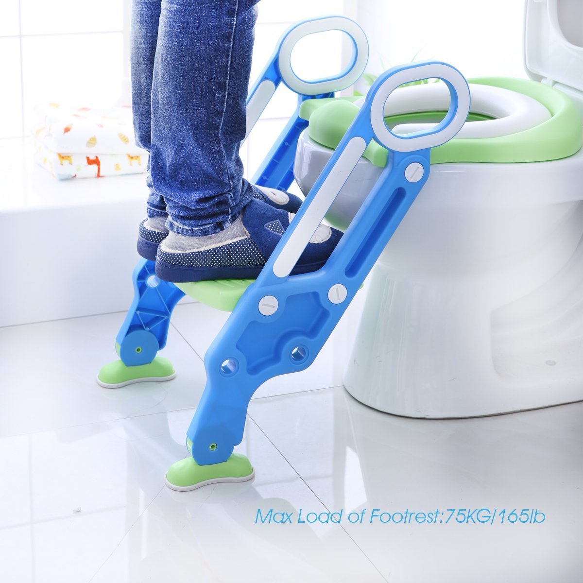 Mangohood Potty Training Toilet Seat with Step Stool Ladder for Boys and Girls Baby Toddler Kid Children Toilet Training Seat Chair with Handles Padded Seat Non-Slip Wide Step (Blue Green): Home Improvement