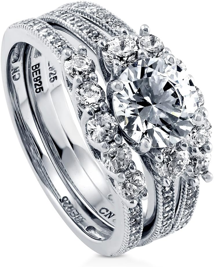 BERRICLE Rhodium Plated Sterling Silver Round Cubic Zirconia CZ 3-Stone Anniversary Engagement Wedding Ring Set 2.35 CTW