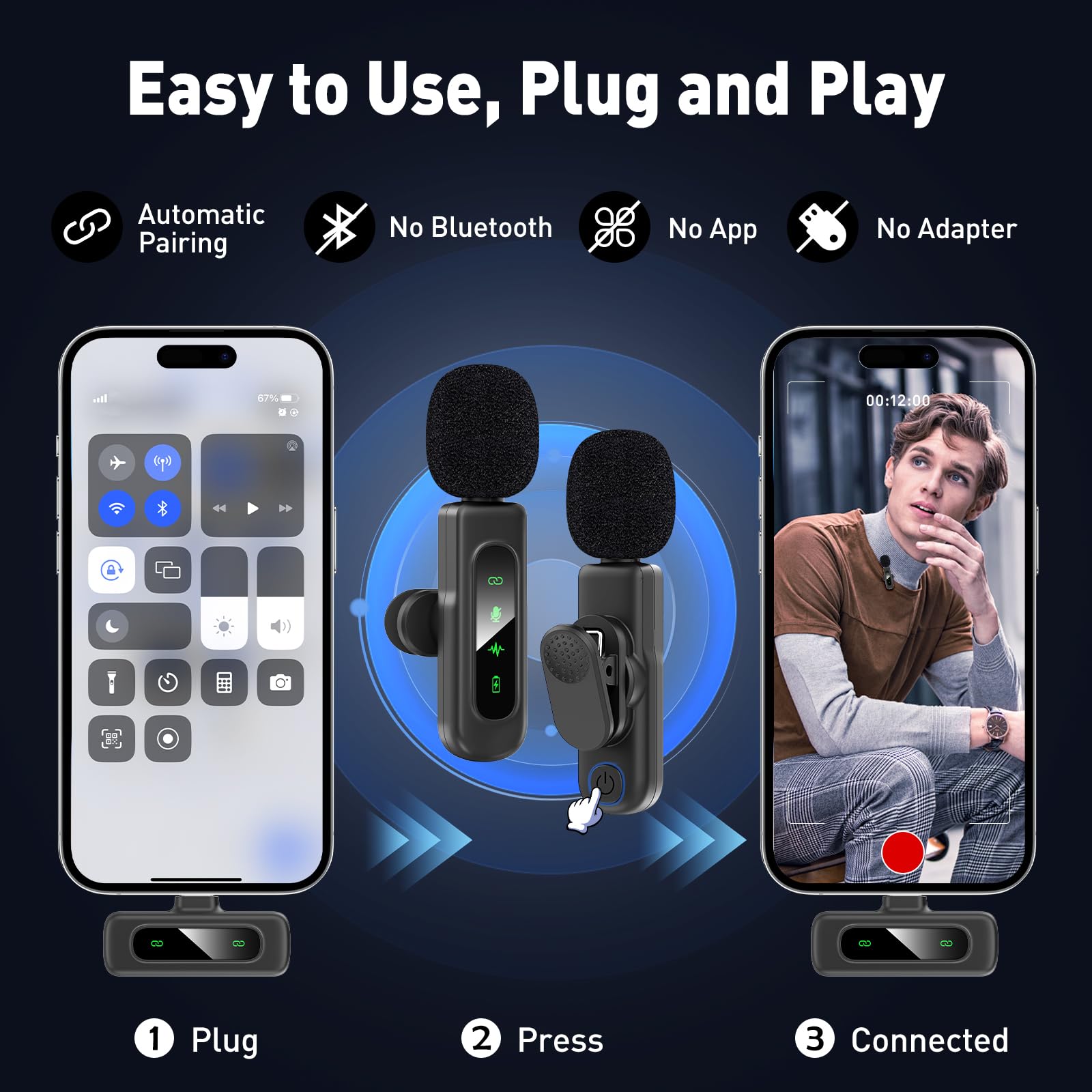 USB C Mini Wireless Lavalier Microphone for iPhone/Android,Lapel Mic with Magnetic Clip-on for Record Video，Lav Mic with LED Display Podcast Vlog Content Creator Interview