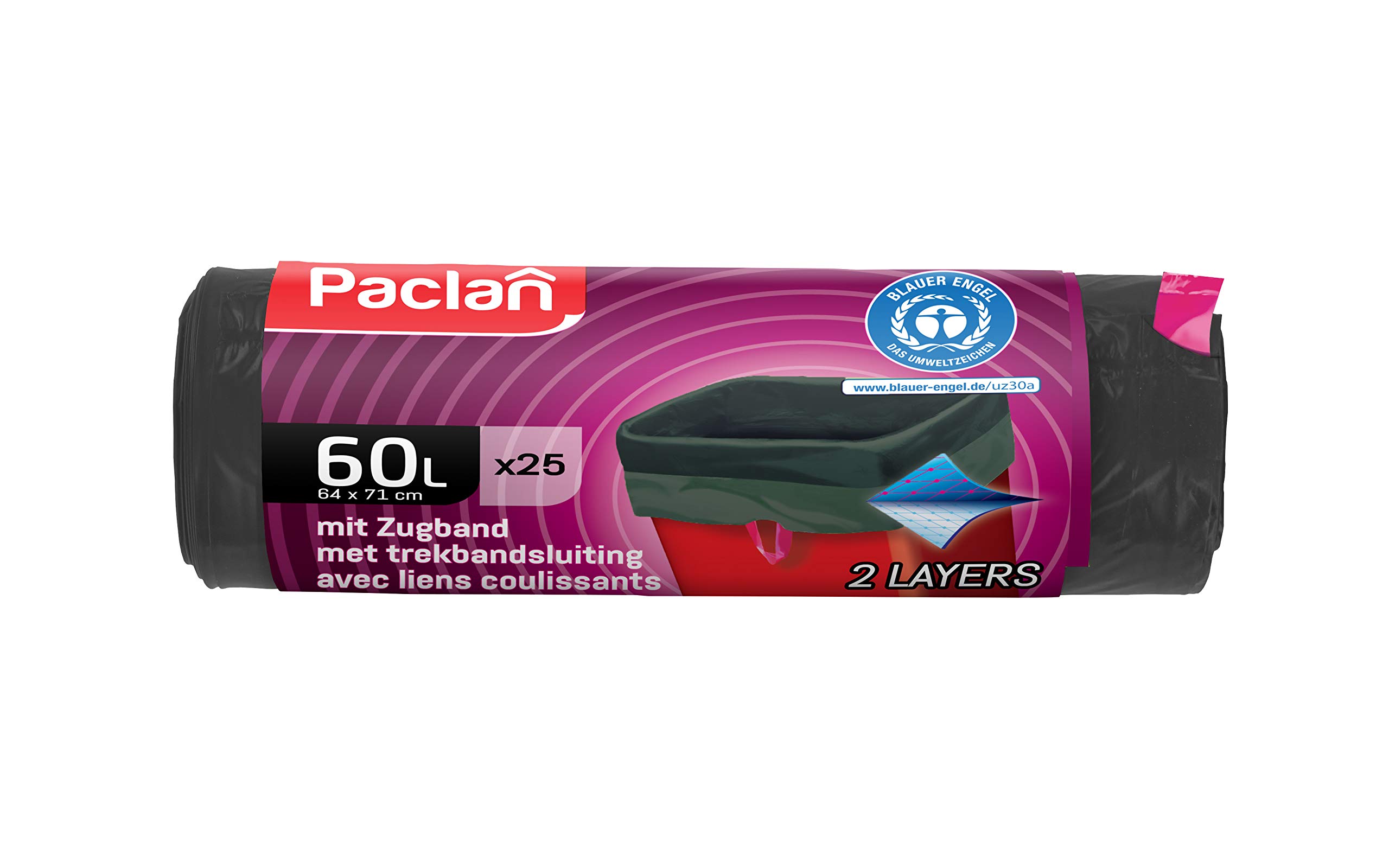 Paclan Zugbandsäcke 25 x 60L Blauer Engel, Grün/Grau