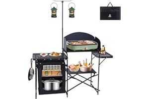 Nice C Camping Kitchen Station, Folding Table & Organizers, Upgrade Light Stand and Windshield Cooking Station, Carry Bag for Beach, Picnic (Black)