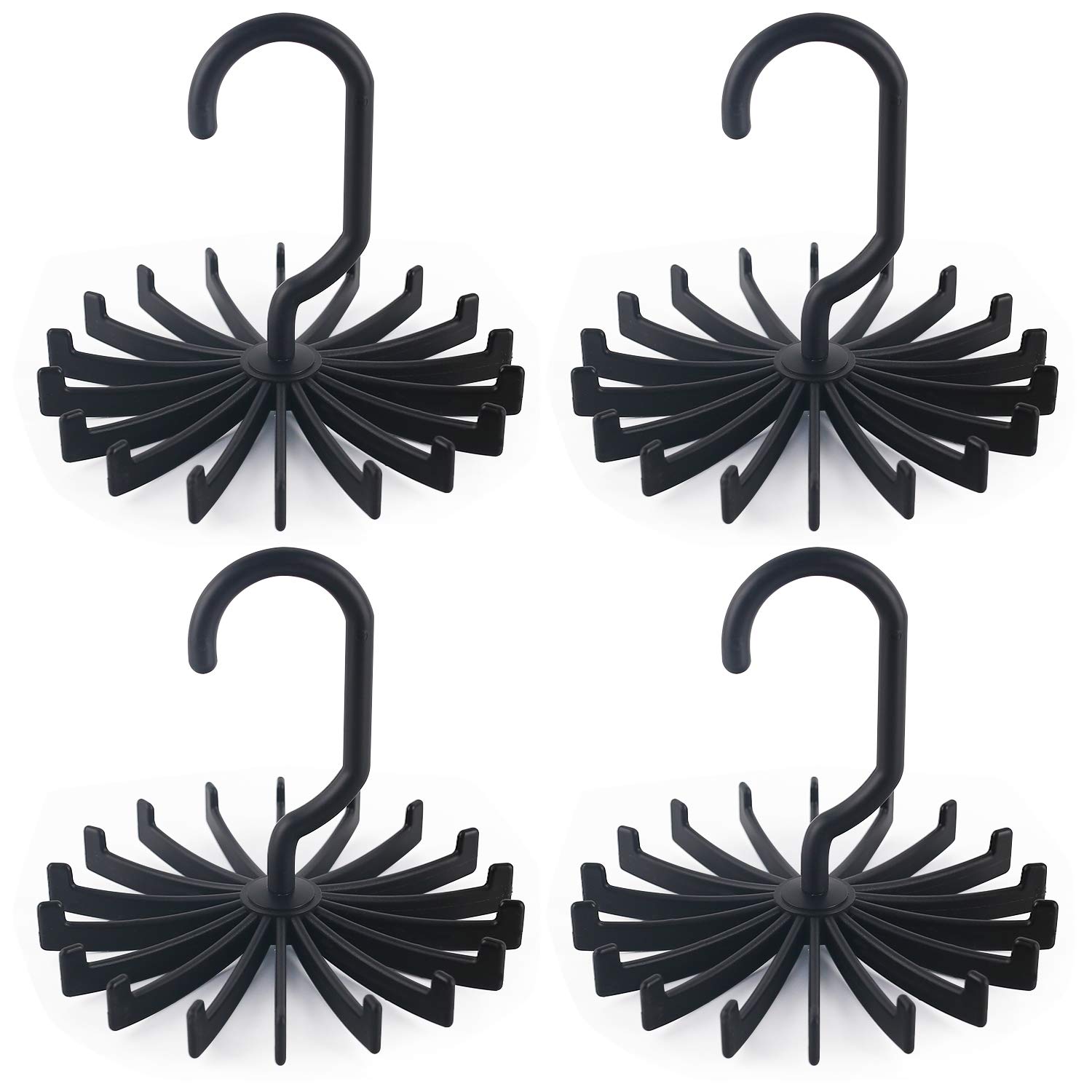 4 Pack Updated Twirl Tie Rack, 5.3 Inches Large Size Rotating Belt Scarf Hanger Holder Hook for Closet Storage (Black)