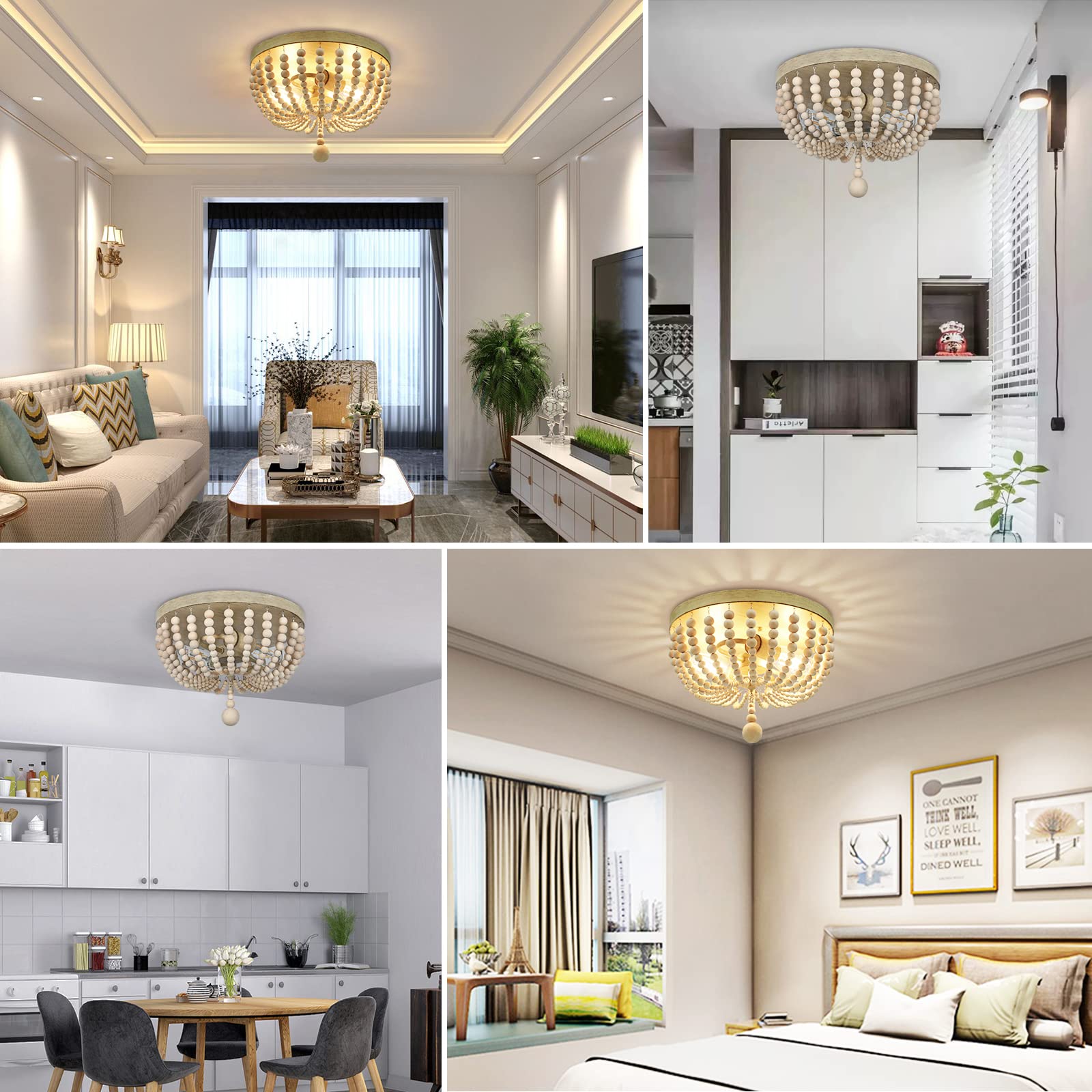 Farmhouse Wood Beaded Chandelier, Bohemia Ceiling Lamp, Rustic 2-Light Pendant Light Fixture, Semi-Flush Mount Ceiling Light for Living Room Entryway Hallway Kitchen Girl’s Room Baby’s Nursery, Oak