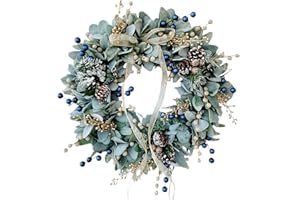 15.75in Eucalyptus Wreath for Front Door, Olive Leaves with White Berries, All Season Greenery Decor for Indoor Outdoor Farmh