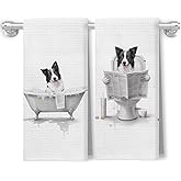 XUNLURY Funny Border Collie Bathroom Hand Towels, Dog Bathroom Decor, Border Collie Gifts for Women, Trendy Black and White Dog Decorative Hand Towels for Bath Room, 16x24 Inch Set of 2