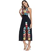 YZXDORWJ Women's Mexican Floral Embroidered Halter Neck Split Sleeveless Ruffle Party Long Dresses