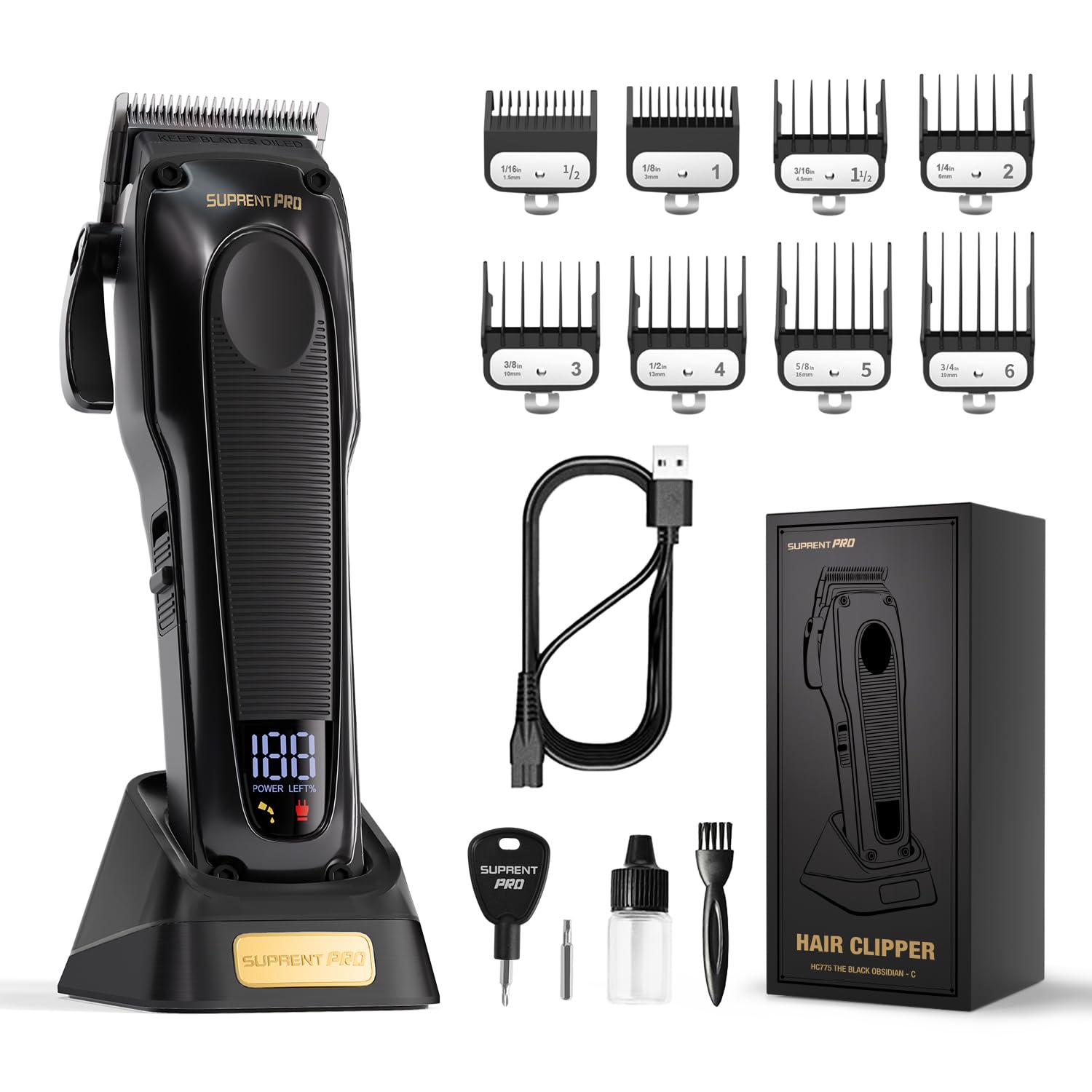 SUPRENT PRO Professional Hair Clippers for Men - High Torque Brushless Motor & DLC Coated Detachable Blade - Cordless Hair Clipper Kits for Barbers with Charging Base - Premium Gift Hair Clipper Set