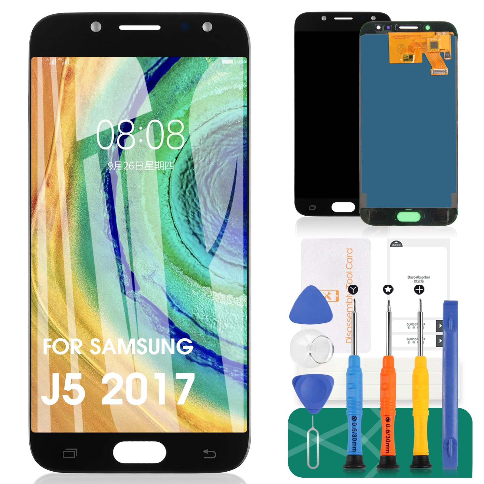 For Samsung Galaxy J5 2017 J530 J530F J530S J530K J530L J530FM J530Y J530YM LCD Screen Replacement Digitizer Glass Assembly Kits, Free tempered film, glue and tools (Black)