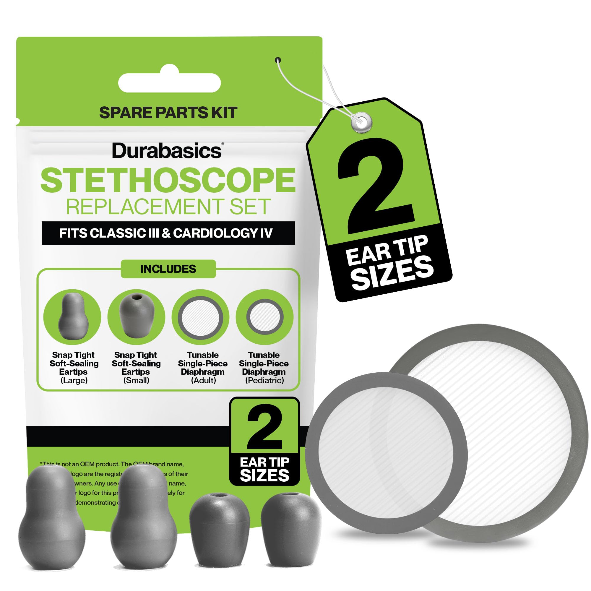 Durabasics Classic 3, Cardiology 3 & Cardiology 4 Accessories Kit for Littmann Stethoscope Replacement Parts & Littmann Stethoscope Parts - Fits Classic III, Cardiology III & IV - Grey