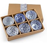 Sanbege Ceramic Rice Bowls 10 oz, Japanese Style Bowl Gift Set, Assorted Dinnerware Serving Bowls for Cereal, Soup, Dessert, Snack, Fruit, Salsa, Pack of 6 (Blue and White)