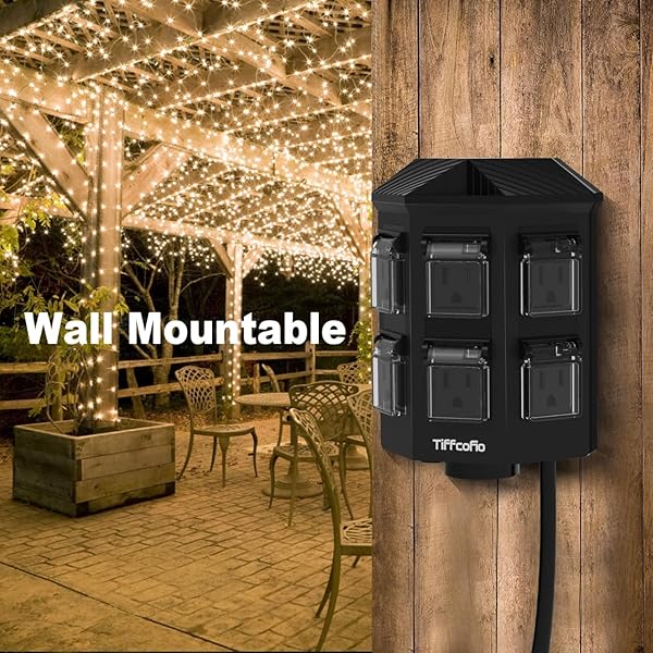 TIFFCOFIO OUTDOOR POWER STRIP WATERPROOF, 24 HOUR MECHANICAL TIMER, 6 FT EXTENSION CORD, 6 GROUNDED OUTLETS FOR OUTDOOR LIGHTS, ETL LISTED (100 FT)