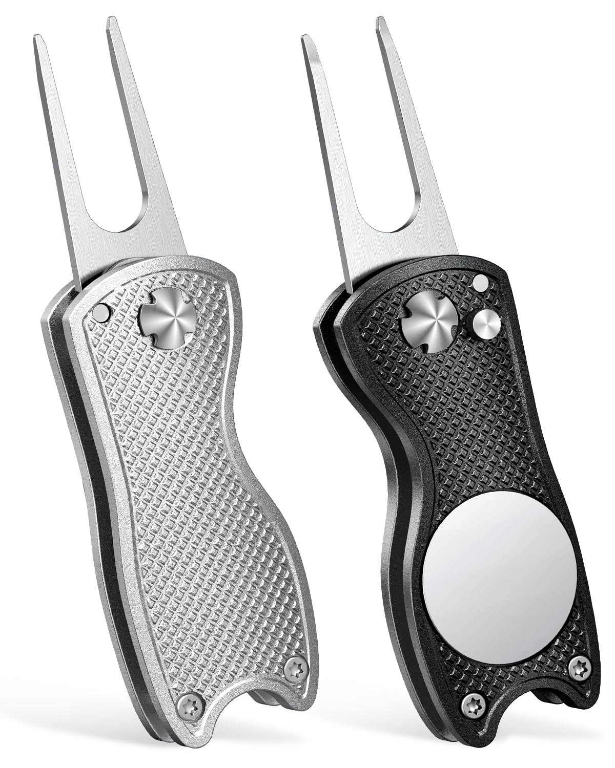 Photo 1 of GreenHaven 2 Pack Golf Divot Repair Tool for Golfers Foldable Metal Green Tool with Magnetic Putt Alignment Ball Marker Pop-up Fork Tine with Sturdy Aluminum Alloy Handle (Silver & Black)