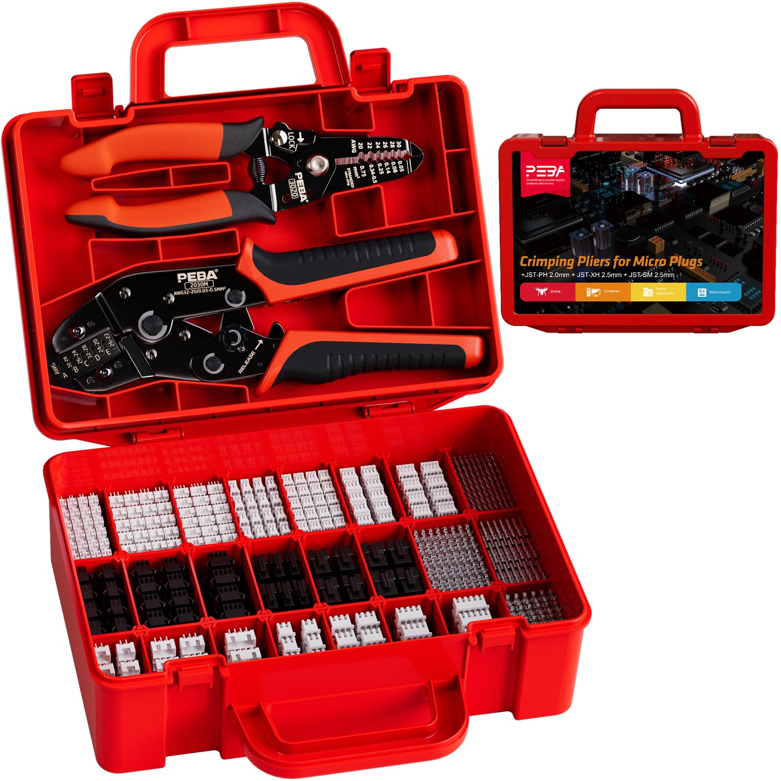 PEBA Crimping Tool and JST Connector Kit - 24 Types of 2.0 mm JST-PH Connectors & Crimp Pins, 2.5 mm JST-XH & JST-SM Housings and Contacts, for DIY Electronics - Suitable for 0.03-0.5 mm² Wires