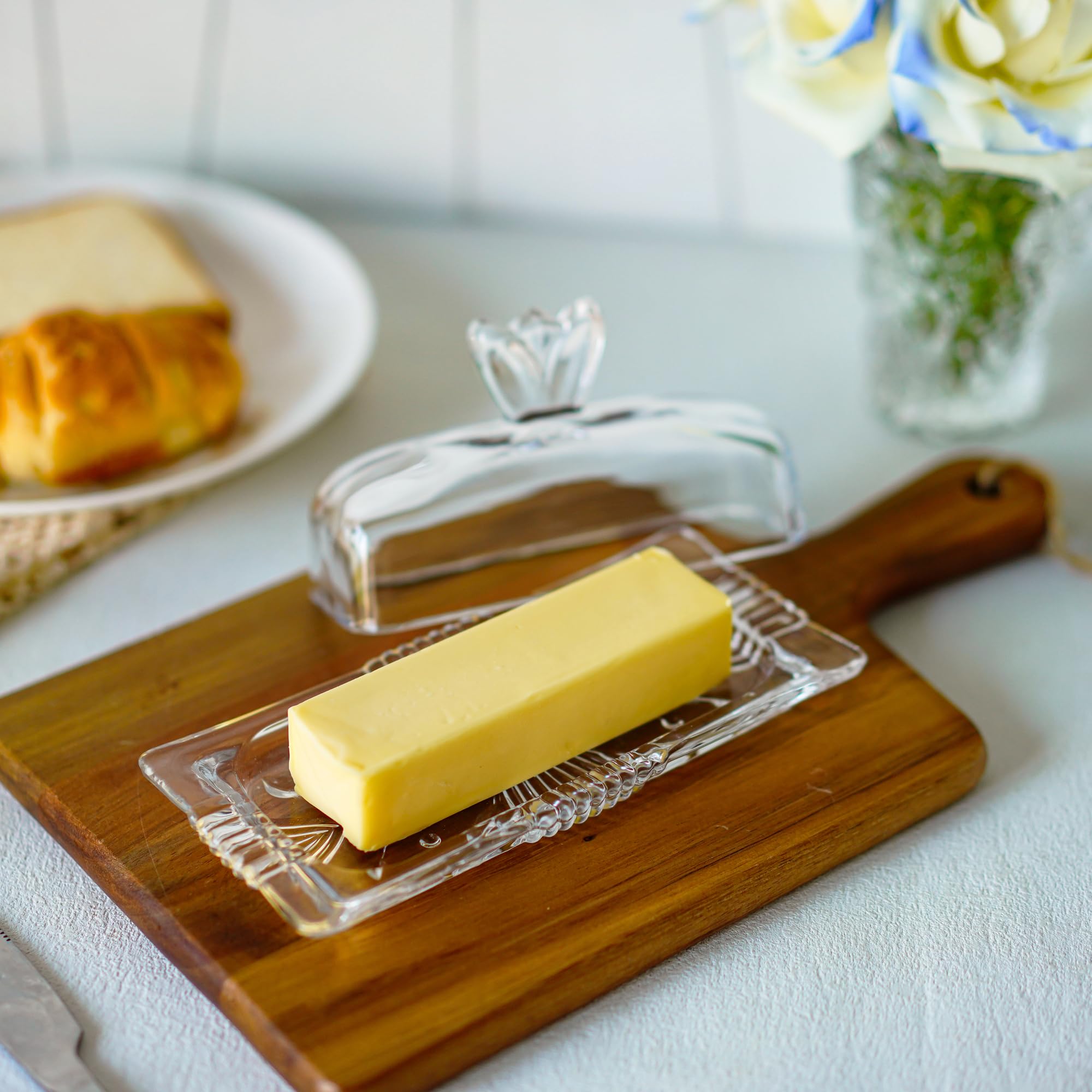 Photo 1 of 7'' Glass Butter Dish with Lid - Elegant Countertop Butter Container Holds,Clear Butter Keeper for Home Kitchen Decor,Dishwasher Safe