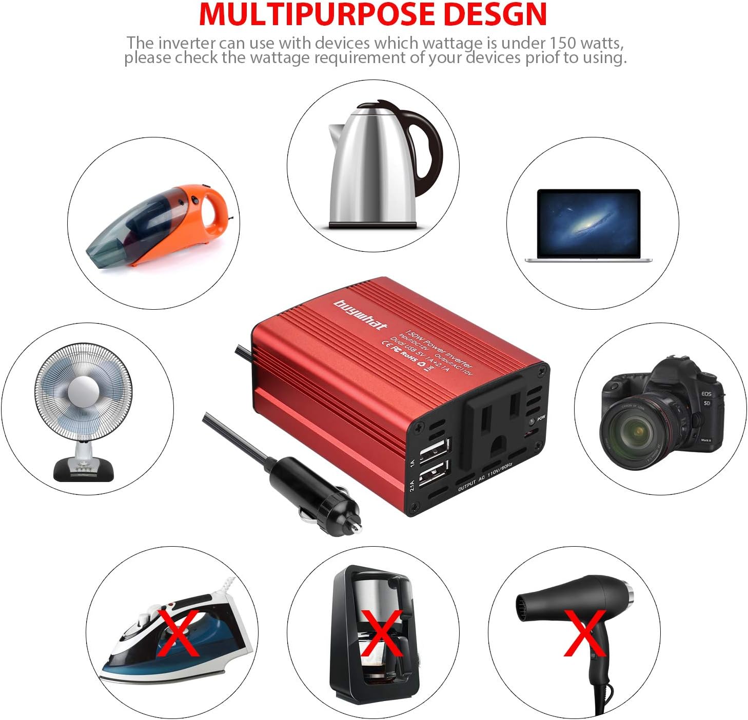 Buy What BW-150 150W Car Power Inverter DC 12V to 110V AC Outlet Converter 3.1A Dual USB Car Charger Adapter(Red)