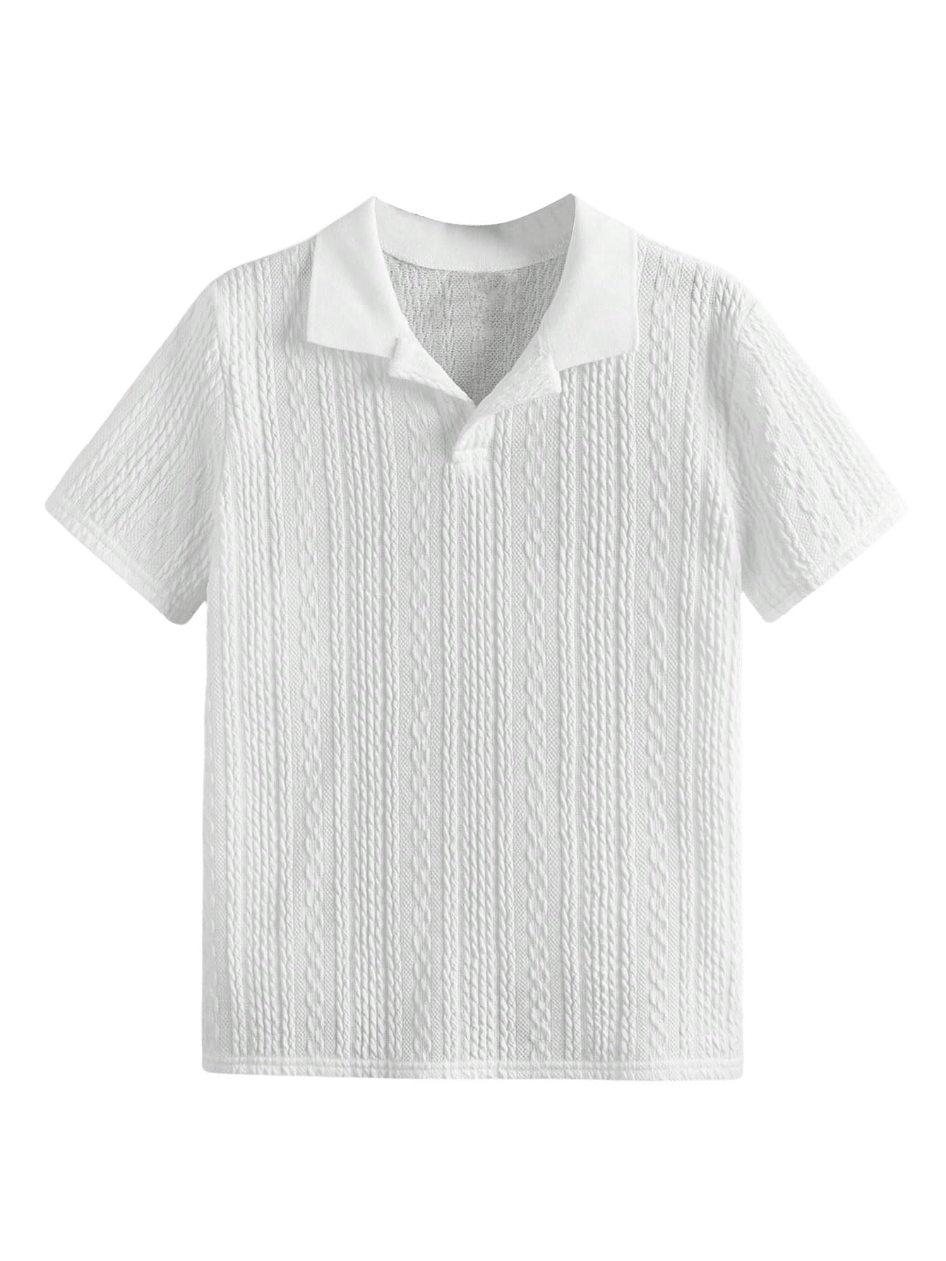 Photo 1 of Verdusa Boys Button Down Shirt Tops Short Sleeve Collar Textured Tee Shirts White 10 Years