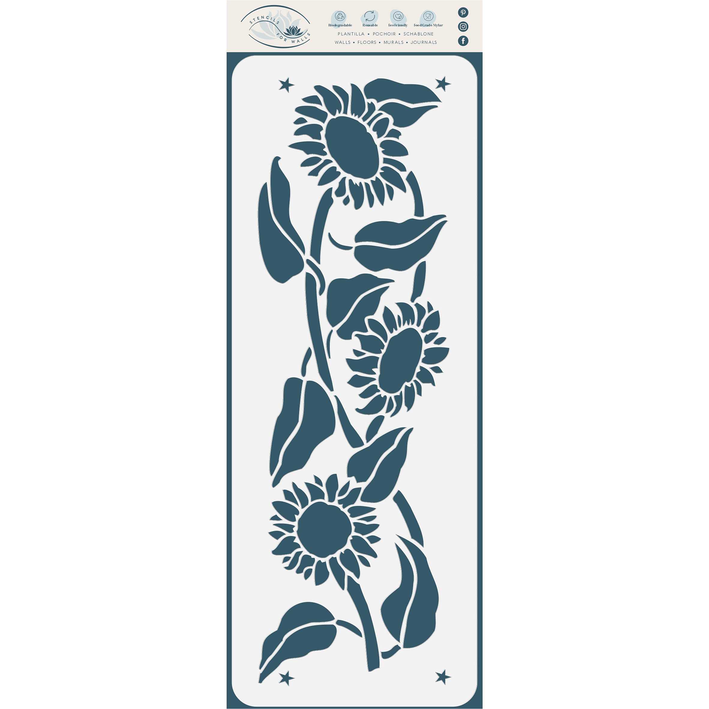 Sunflower Stencil, 35.5 x 11.4 cm (M) - Classic Wall Flower Border Stencils for Painting Template