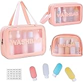 GAOKEINER Waterproof Clear Frosted Travel Toiletry Bag For Men & Women: 3-Size Handle Cosmetic Case + 4 Pre-Labeled 2Oz Bottles & Sticker. Large Washbag Organizer. (Soft Pink)