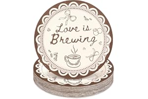 JarThenaAMCS 50 Pcs Love is Brewing Paper Plates Disposable Round Plates 7 Inch Decorative Brown Coffee Tableware Dessert Pla