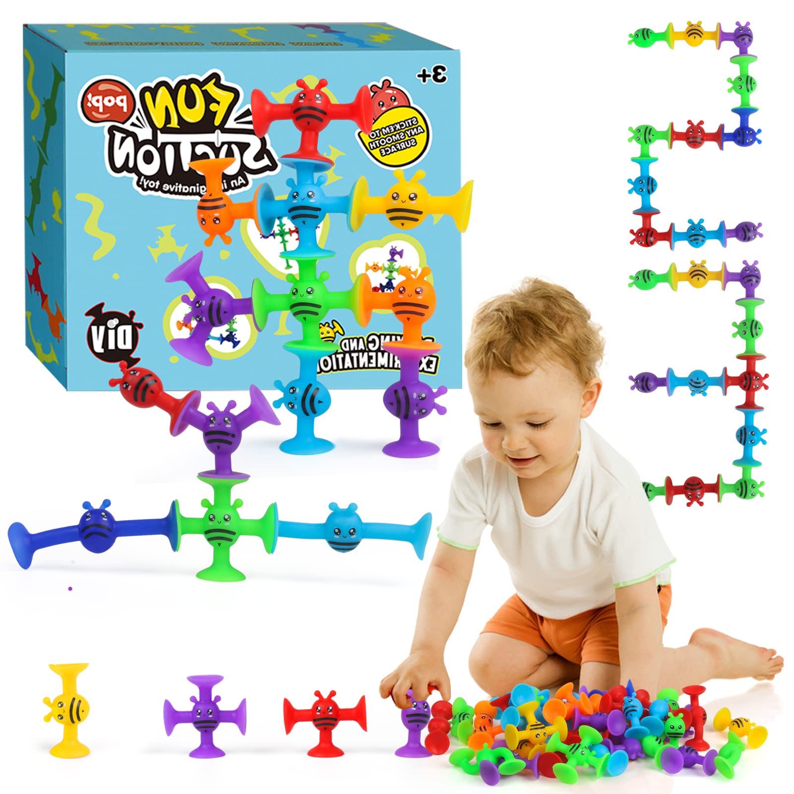 Baby Suction Toys, Kids Toys for 3 Year Olds, 40 Pieces Toddler Building Block Children Sensory Pop Window Sucker, Children's Day Gifts for Boys and Girls Age 4-8, Birthday Christmas