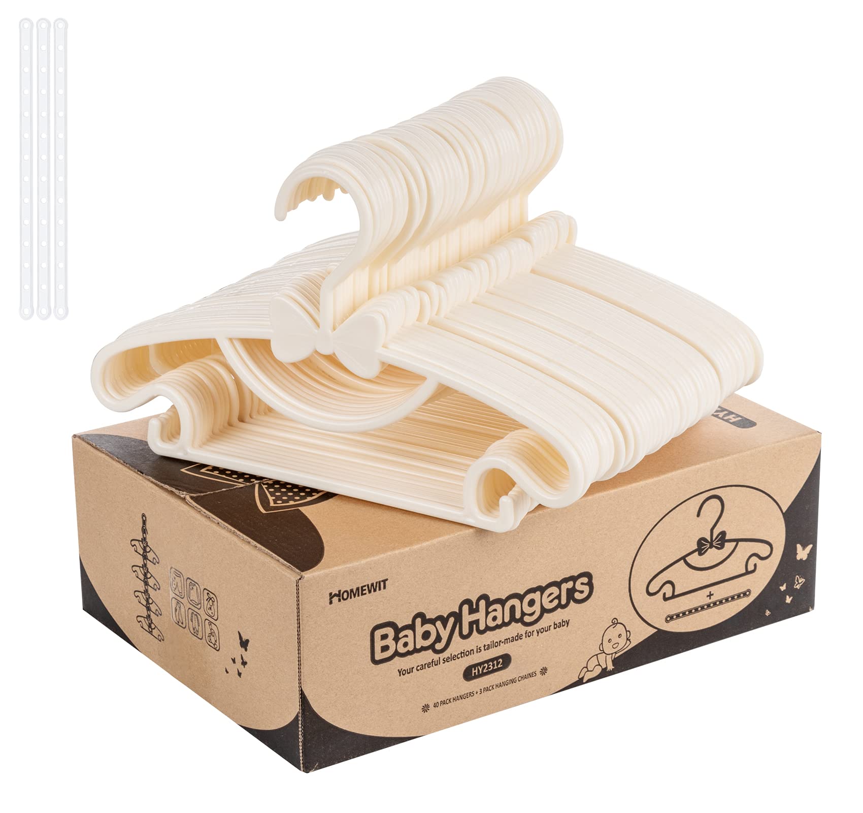 Nursery Hangers, 40 Pack Plastic Baby Coat Hangers with 3pcs Hanging Chains, Cute Bows Nonslip Kids Hanger, Space-Saving Kids Coat Hanger for Toddler's Wardrobe