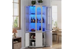 Gyfimoie Corner Bar Cabinet w/LED Lights, Tall Modern Wine Cabinet with Tempered Glass Door & Adjustable Shelves, Home Bar Liquor Storage Cabinet with Glass Rack for Living Room, Dining Room (White)