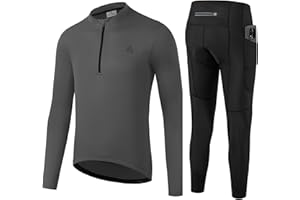 OFF PRND Men's Cycling Jersey 1/3 Zipper Cycling Set Solid Color Club Fit, Long Sleeeves Bike Jersey and Pants Zipper Pocket