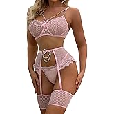 Aranmei Women’s Sexy Eyelash Fishnet Lingerie Set Chain Babydoll Underwire Bra and Panty Sets with Garter Belt 4 Pieces