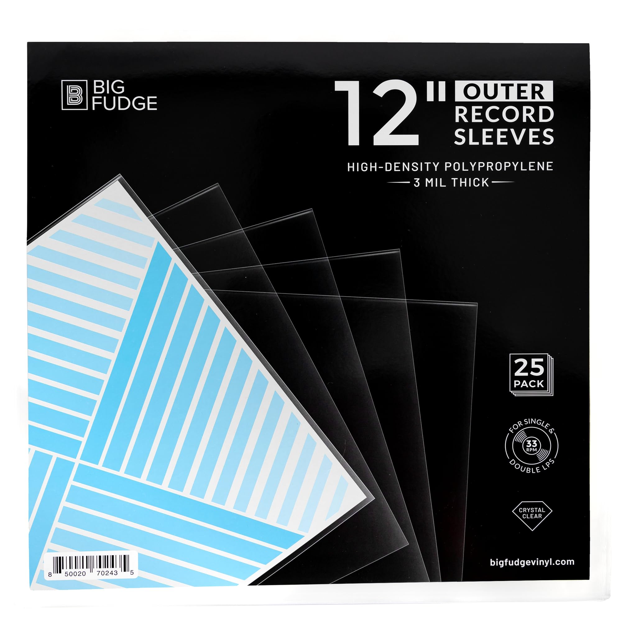 Big Fudge Vinyl Record Outer Sleeves - 25x Crystal Clear LP Album Covers in High-Density Polypropylene - Transparent Protective Cover for 12" Records - 3 mil Thick - Vinyl Record Sleeves
