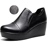 NEJKG Women's Leather Wedge Heel Slip On Booties Comfort Round Toe Non Slip Platform Ankle Boots Casual Shopping Walking Loafers