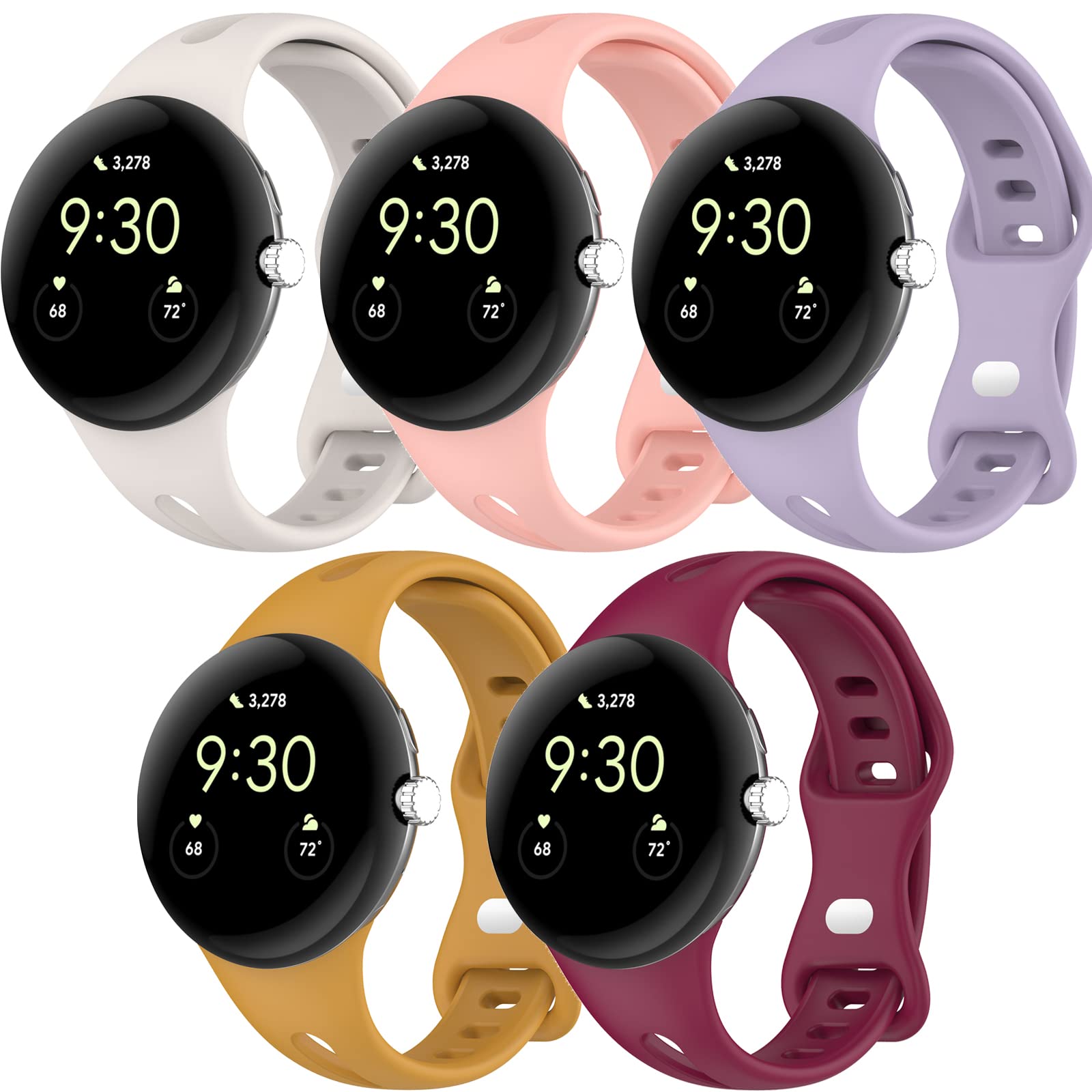 Miimall 5Pack Strap for Google Pixel Watch 4/3/2/1 41mm (NOT 45mm) Breathable Pixel Watch Silicone Band, Lightweight Replacement Straps for Women Ladies-Pink/Purple/Starlight/Yellow/Burgundy Red