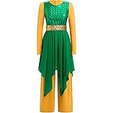 AFAVOM Praise Dance Dress for Women Metallic Asymmetric Overlay + Jumpsuit Pants + Belt Worship Liturgical Dancewear Costume